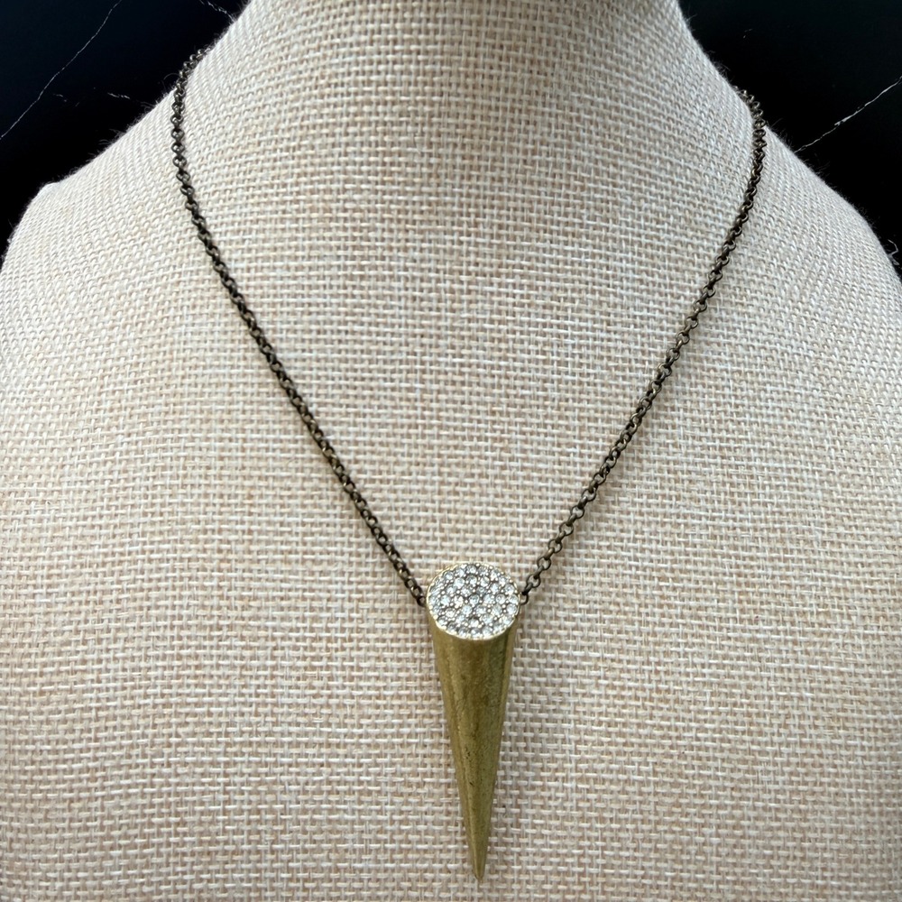 Rock & Republic Brass Tone Cone Pave Crystal Pendant Necklace R&R Logo Charm